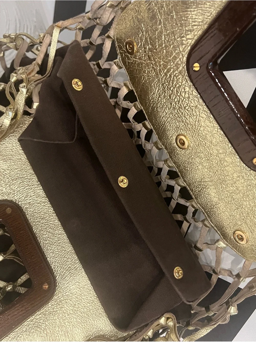 Dolce & Gabbana Gold Metallic Net Tote with Brown Interior Trim